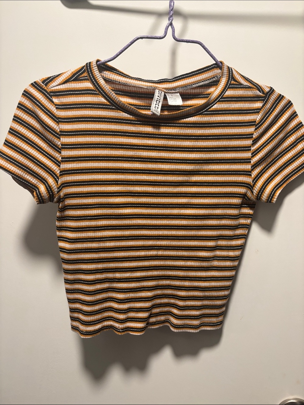 Divided Striped Ribbed Crop Top in Mustard, Black, White